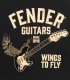 Detalhe do grafismo Vintage Wings to Fly estampado na T shirt Fender na cor preta e de tamanho XL