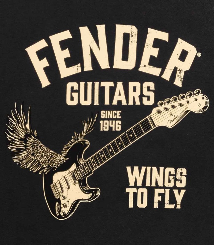Detalle del estampado Vintage Wings to Fly de la camiseta Fender en color negro con y de tamaño XL