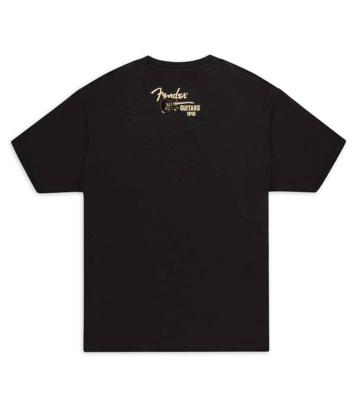Costas da T shirt Fender na cor preta com um pequeno grafismo Vintage Wings to Fly ao pé da gola