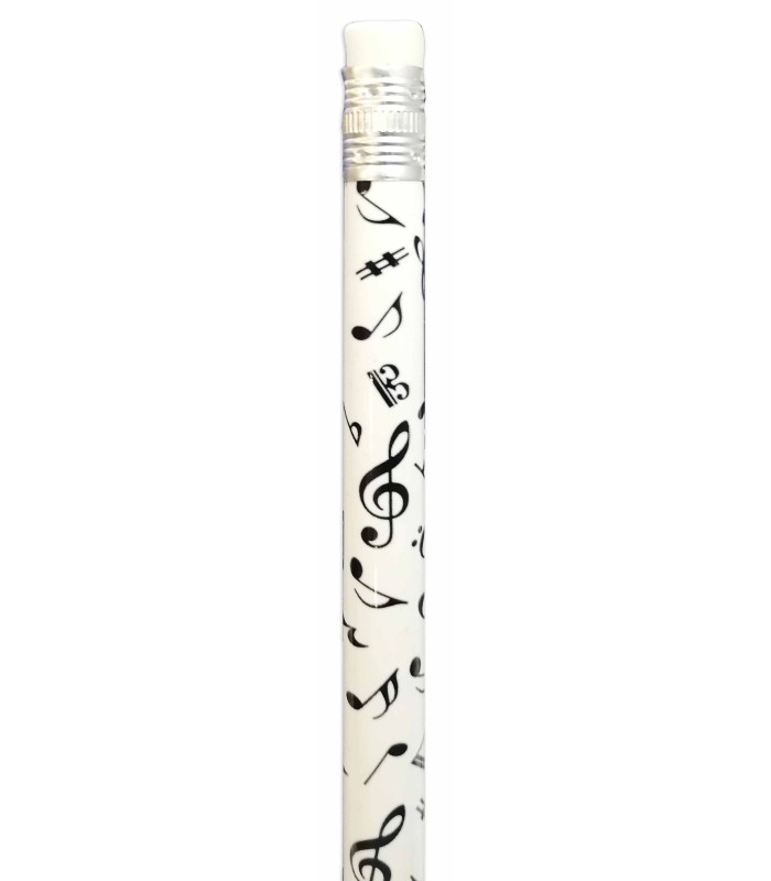 Detalle del borrador del lápiz Agifty modelo B1087 con notas musicales en negro sobre blanco