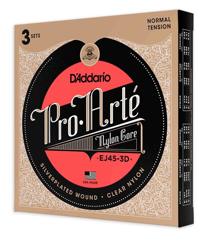 Package cover of the string set DAddario model EJ45 3D multipack in normal tension for classical guitar