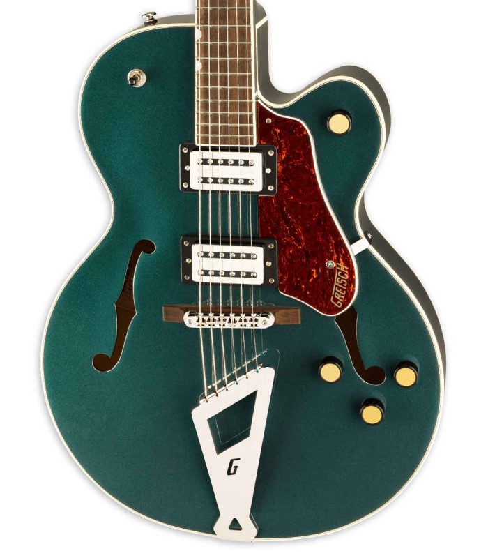 Detail of the body with single cutaway 
 and Broad'Tron BT-3S humbuckers of the electric guitar Gretsch model G2420