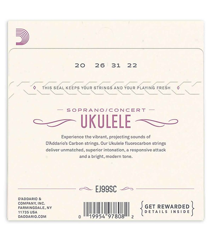 Back cover of the string set Daddario model EJ99SC for ukulele with the gauges 0.0205, 0.026, 0.0319, 0.0224