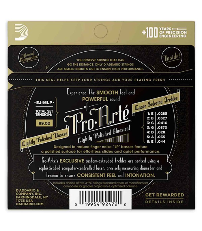 Jogo de cordas DAddario modelo EJ46LP para guitarra clássica com calibres 0.0285, 0.0327, 0.0410, 0.0370, 0.028, 0.035, 0.044