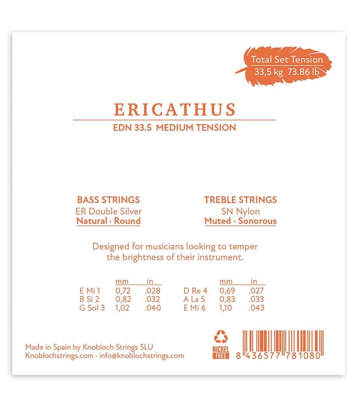 Contracapa da embalagem do jogo de cordas Knobloch modelo EDN33.5 Erithacus Double Silver SN