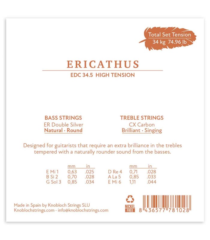 Backcover of the string set Knobloch model EDC34.5 Erithacus Double Silver CX Carbon