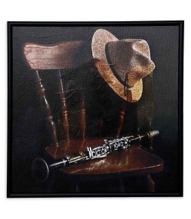Painting Nelson Gomes model SML246 presents a chair, a hat and a clarinet