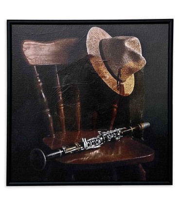 Painting Nelson Gomes model SML246 presents a chair, a hat and a clarinet