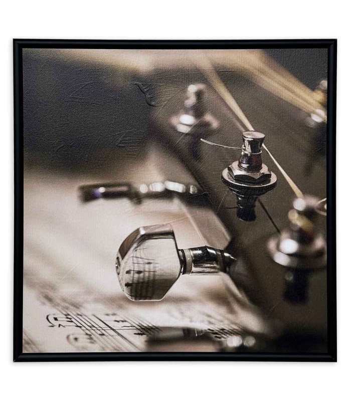 Quadro Nelson Gomes modelo SML2411 apresenta um pormenor da cabeça duma guitarra sobre umas partituras