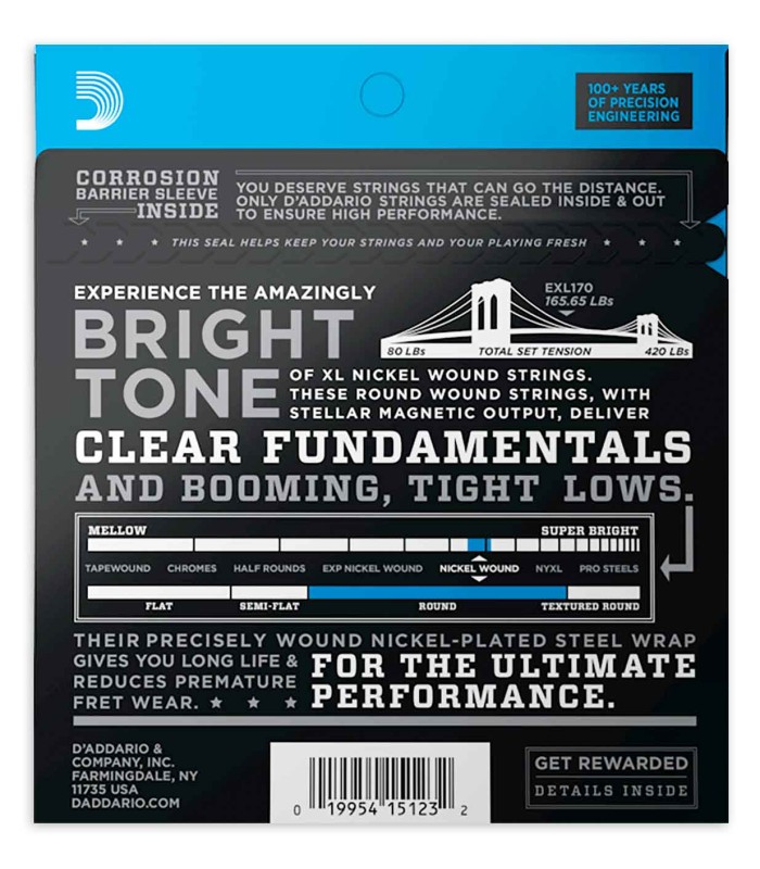 Contraportada del juego de cuerdas DAddario modelo EXL170 de calibres 45 100 para bajo long scale