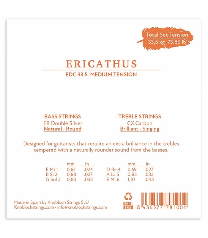 Packaging back of the string set Knobloch model EDC33.5 Erithacus Double Silver CX carbon of medium tension 33.5