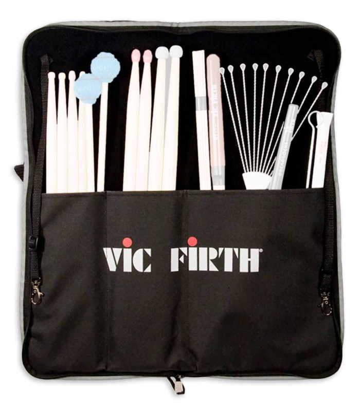 Interior do saco Vic Firth modelo BSB com exemplos de diferentes baquetas