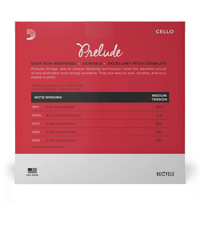 Photo of the back cover of the packaging of the D'Addario Prelude J1010 4/4 cello strings