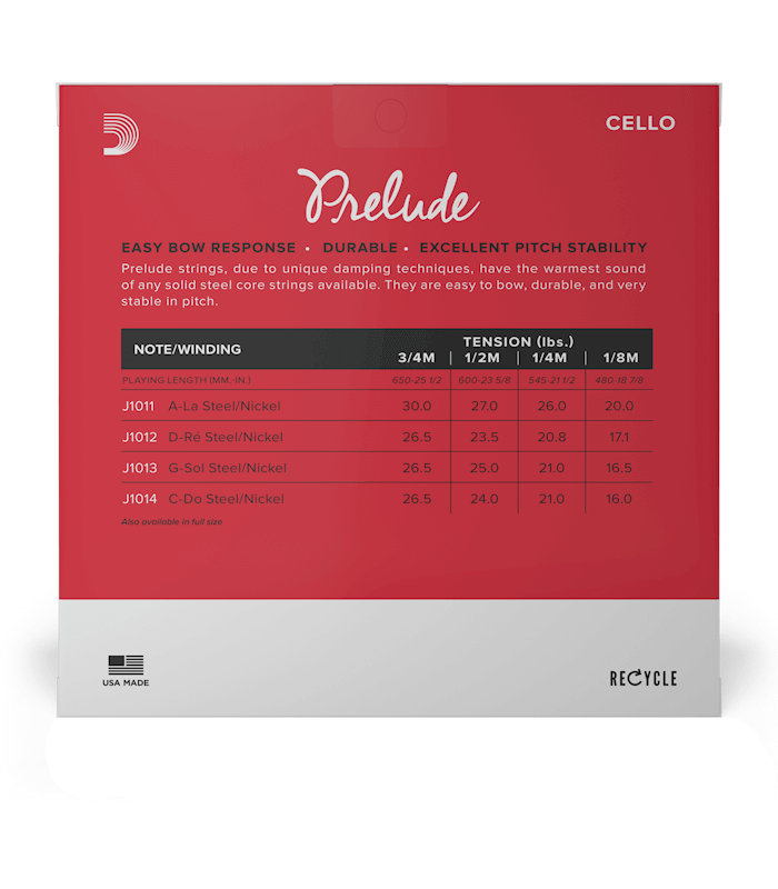 Photo of the back cover of the packaging of the d'Addario Prelude J1010 strings for 3/4 cello