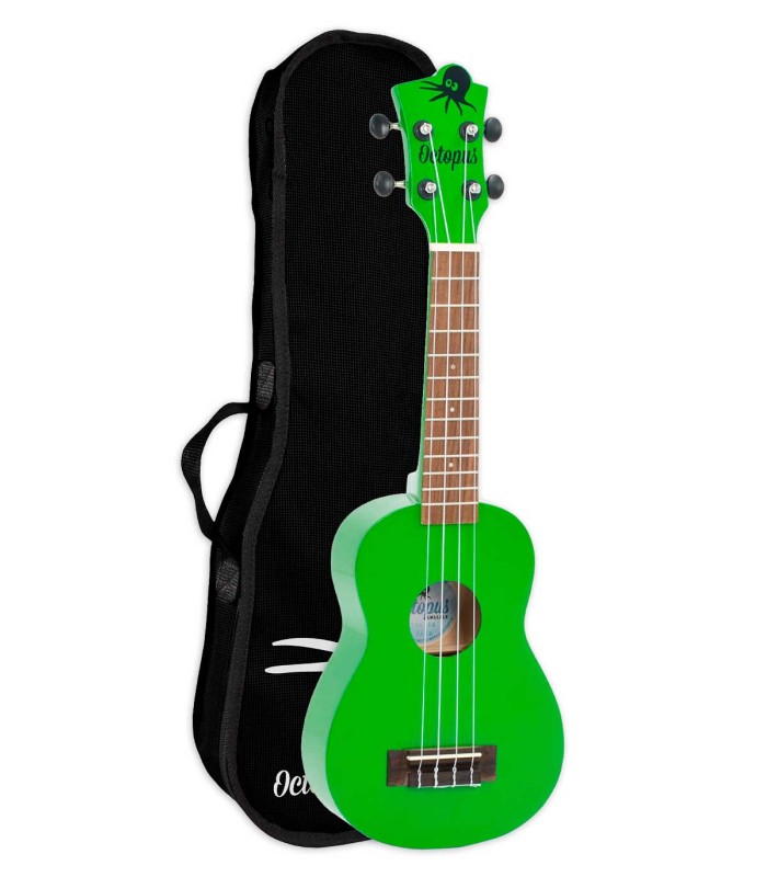 Ukelele soprano Octopus modelo UK-205GRS con acabado de color verde y con funda