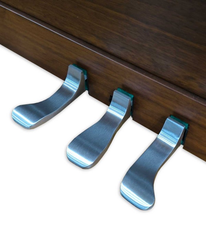 Pedals detail of the upright piano Ritmuller model AEU118 SW Classic 118cm Walnut Satin