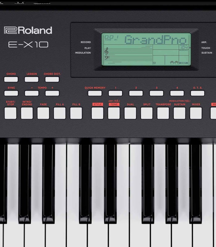 Detalhe do painel de controlos do teclado Roland modelo E-X10 portátil