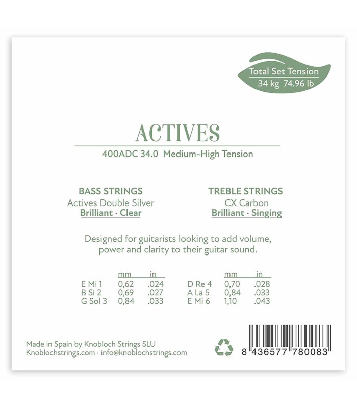 Espalda del juego de cuerdas Knobloch modelo 400ADC Actives Double Silver CX