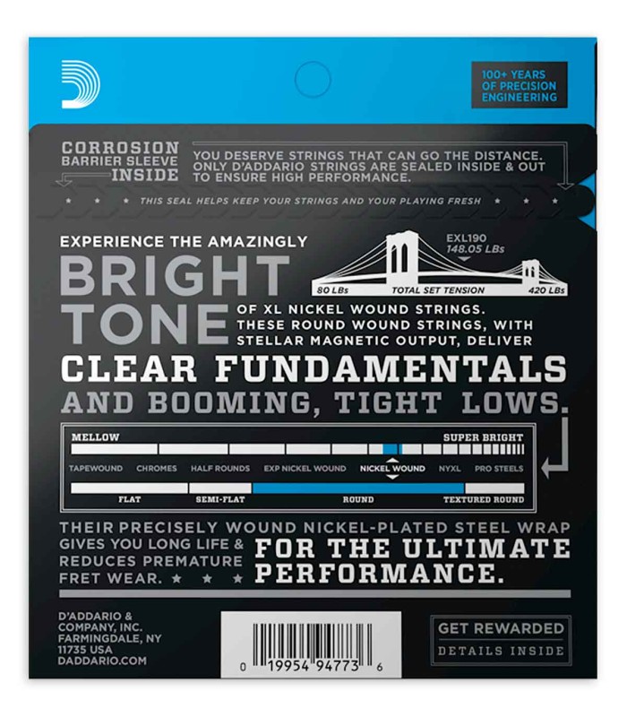 Contraportada del juego de cuerdas DAddario modelo EXL190 040 100 para bajo con long scale