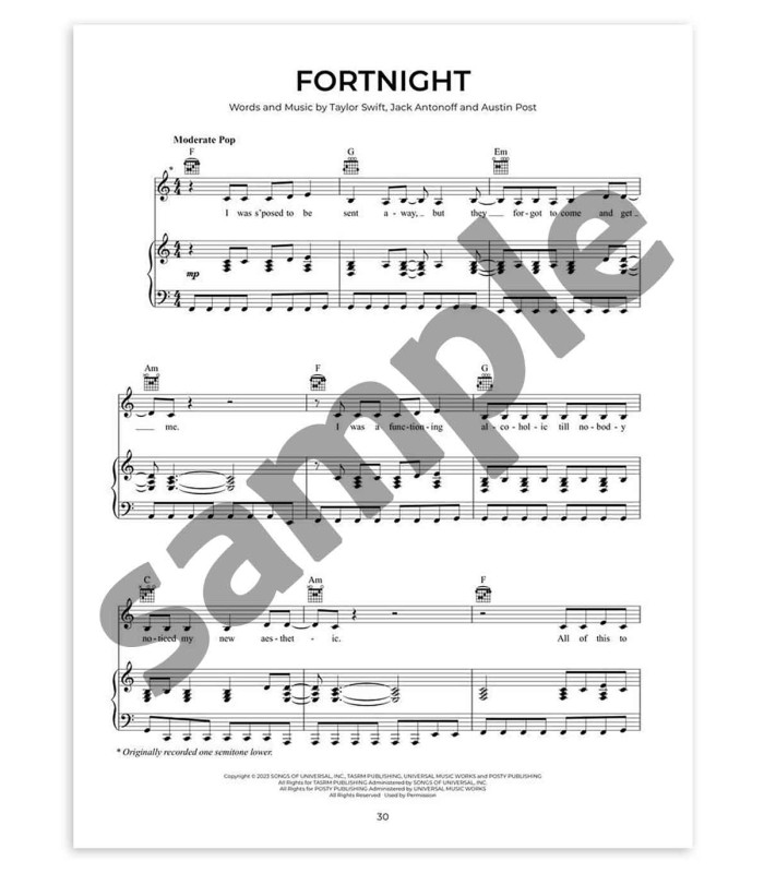 Sample of the song Fortnight from Taylor Swift feat Post Malone inside the book Chart Hits of 2023 2024 Piano Voice Guitar HL