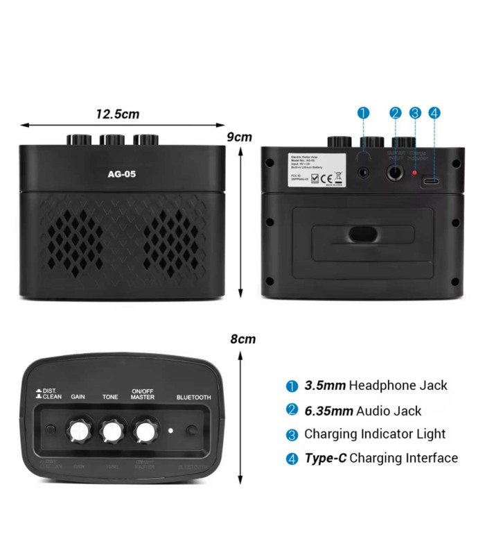 Informação sobre as medidas, as entradas e saídas do mini amplificador Aroma modelo AG 05 bluetooth 5W