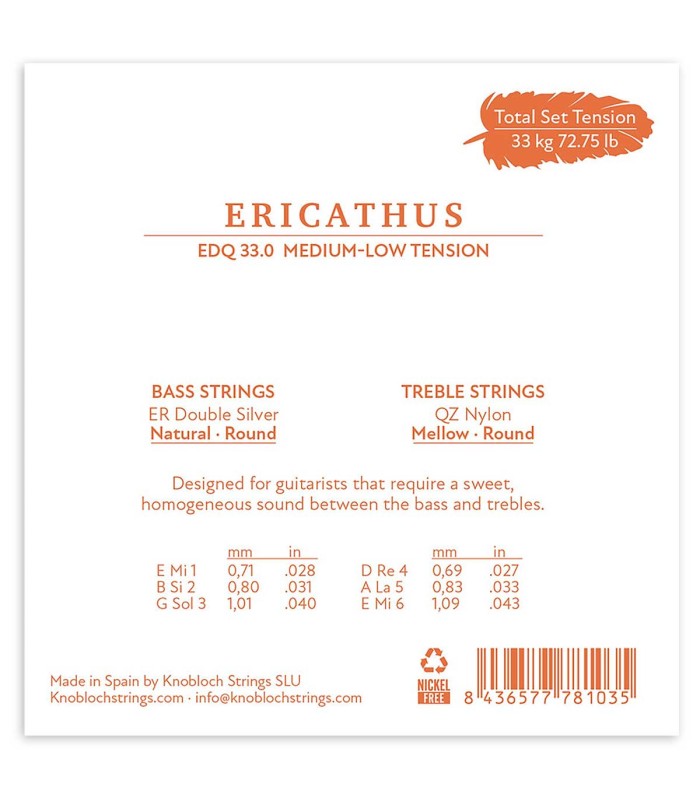 Back cover of the string set Knobloch model EDN33.0 Erithacus Double Silver SN in nylon and of medium low tension 33.0