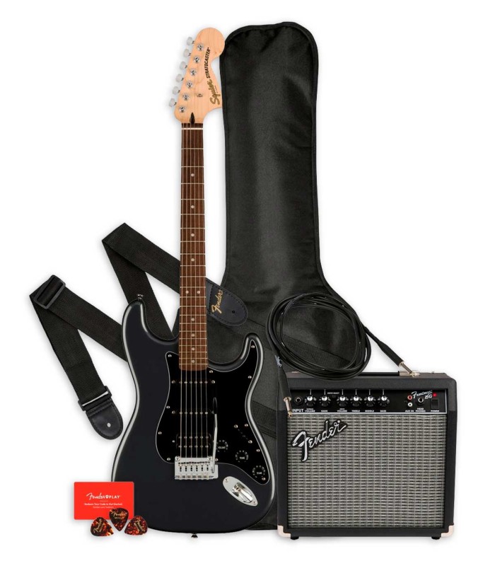 Pack Fender que incluye una guitarra Squier Affinity Strat HSS Charcoal Frost Metallic y accesórios