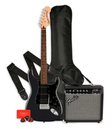 Pack Fender que incluye la guitarra Squier Affinity Strat HSS Charcoal Frost Metallic e acessórios