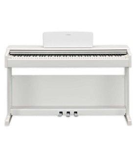 Piano digital Yamaha modelo YDP145WH com 88 teclas e 3 pedais, acabamento branco