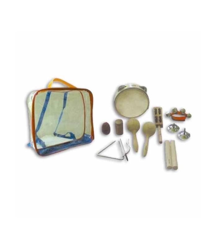 Foto de los instrumentos y maleta del kit de percusión Honsuy 46550