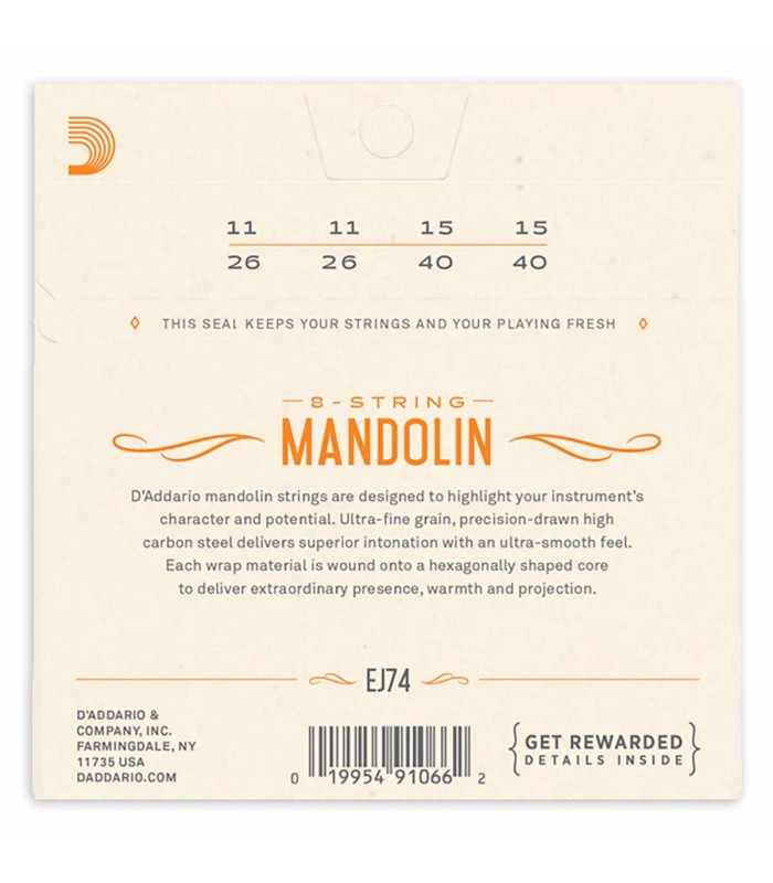 Back cover of the string set DAddario model EJ74
