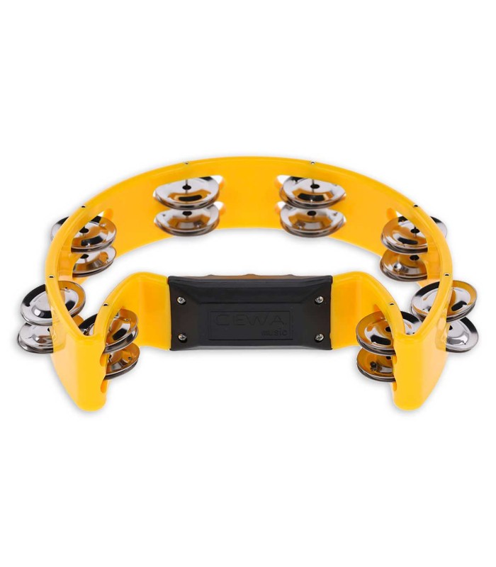 Handle detail of the tambourine Gewa in a half moon shape and with 16 pairs of jingles, yellow frame