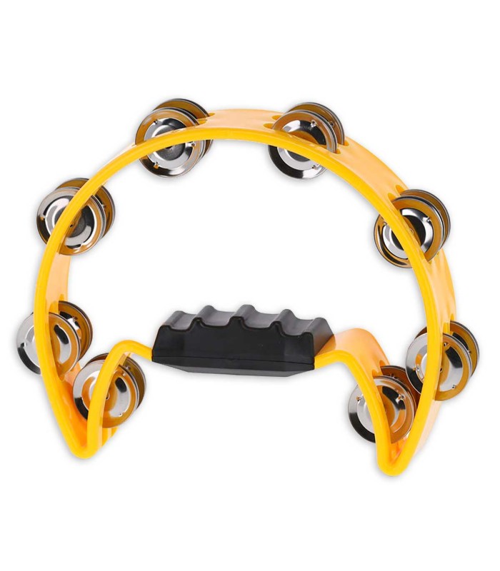 Tambourine Gewa in a half moon shape and with 16 pairs of jingles, yellow frame