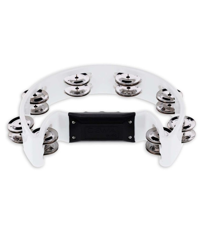 Detalhe da pega da pandeireta Gewa com forma de meia lua e 16 pares de soalhas, aro branco