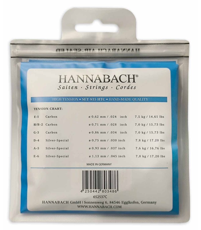 Contraportada del juego de cuerdas Hannabach modelo E815HTC
