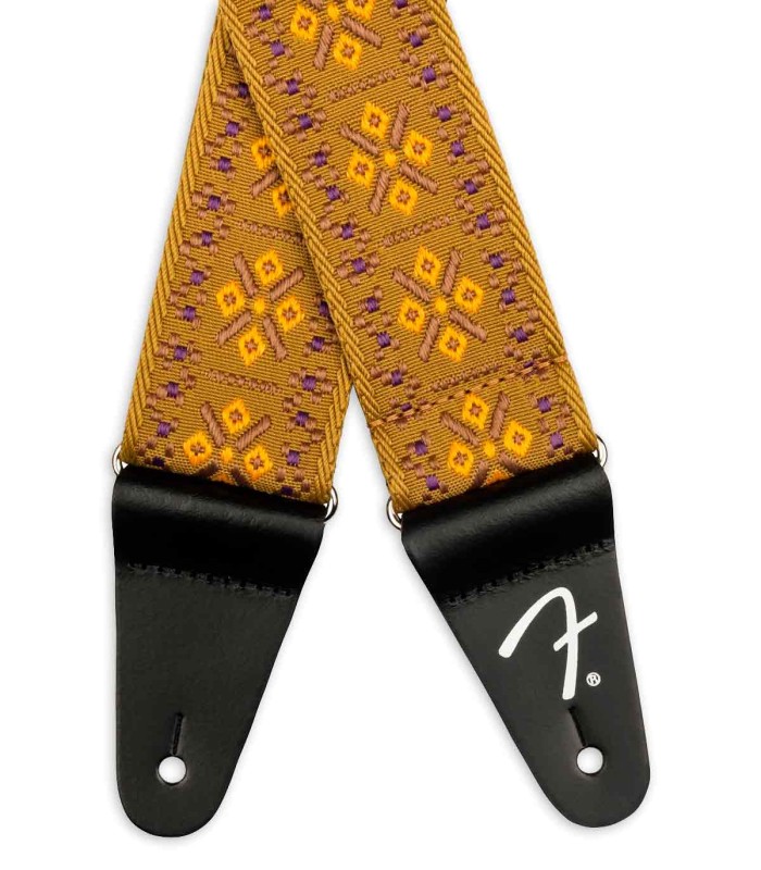 Detalhe das extremidades em couro da correia Fender modelo Pasadena Woven Lattice Tan