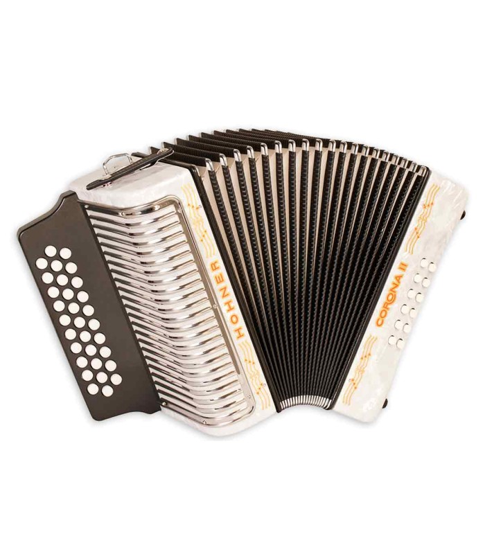 Concertina Hohner modelo Corona II com 12 Baixos, 3 Vozes, afinação GCF (Sol Dó Fá), cor branco