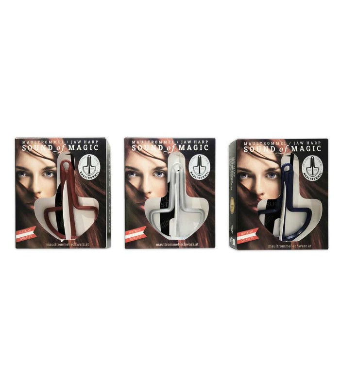 Diferent finish options of the jaw harp K Schwarz model 10039 12 in red,silver and blue