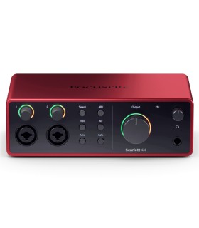 Panel frontal de la Scarlett 4i4 4ª Gen con entradas de micro, controles de ganancia y LEDs – Focusrite