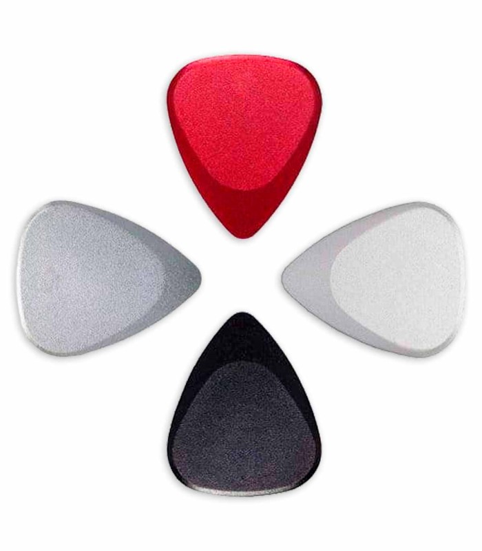 4 palhetas Timbertones Fusion Tones nas cores vermelha, preta, prateada e natural