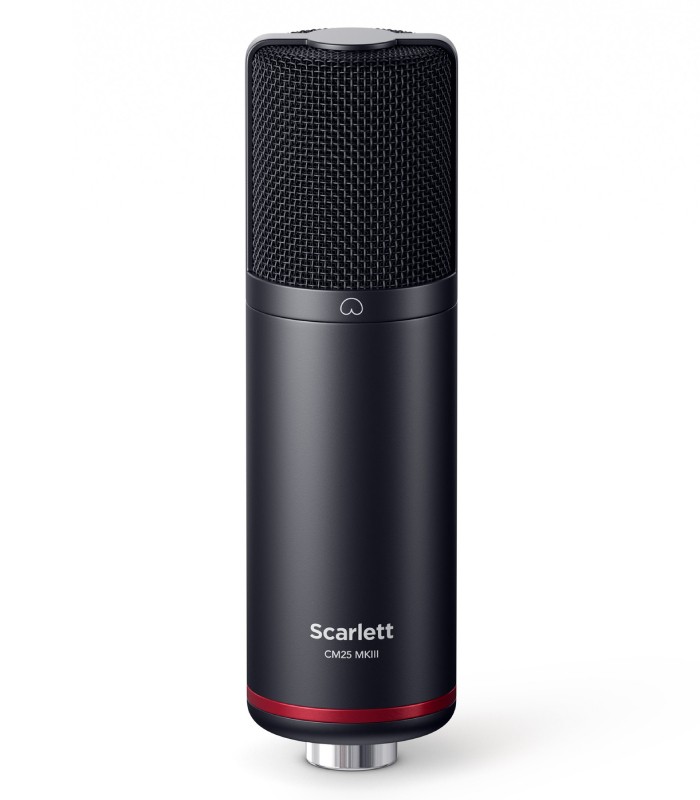 Micrófono de condensador Scarlett CM25 MkIII con patrón cardioide, ideal para voz, instrumentos y pódcast.