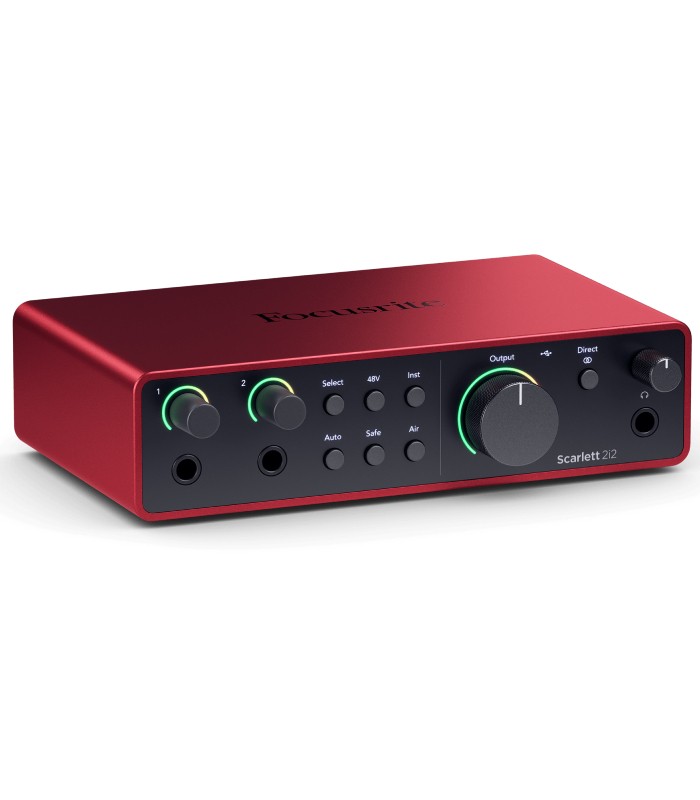 Focusrite Scarlett 2i2 4th Gen USB audio interface with dual inputs, gain knobs, and direct monitoring.