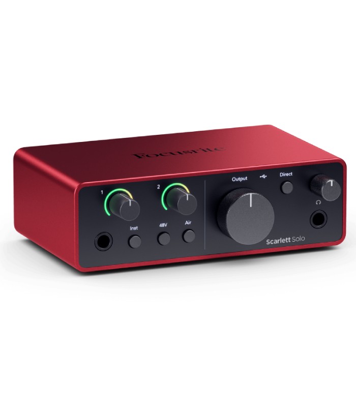 Interfaz de audio Scarlett Solo 4ª Generación con dos entradas y control de monitorización directa.