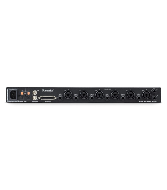 Vista traseira do Focusrite Clarett+ OctoPre com 8 entradas combo, ADAT, word clock e saídas de linha.