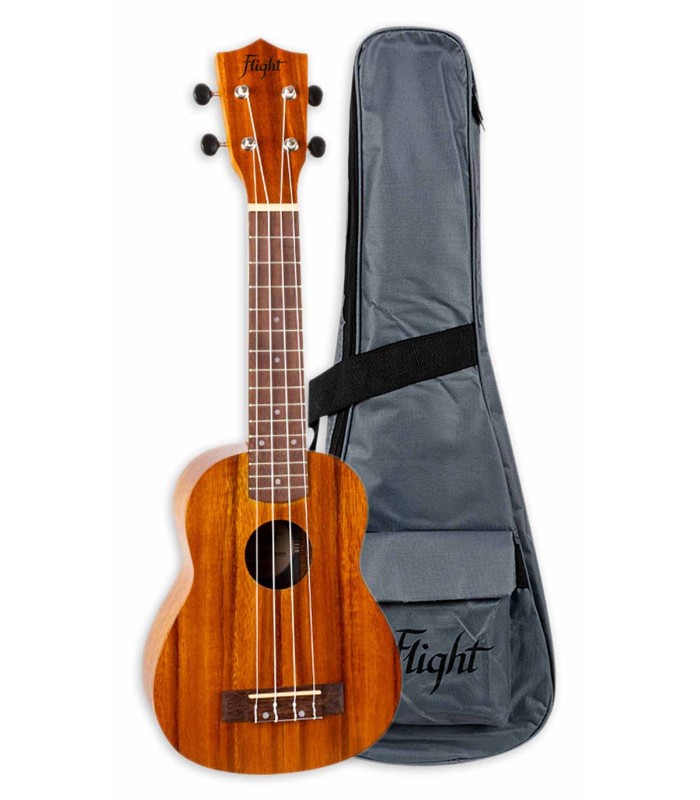 Ukulele soprano Flight NUS250 em acácia com saco acolchoado, ideal para viagens e músicos iniciantes que procuram um som rico.