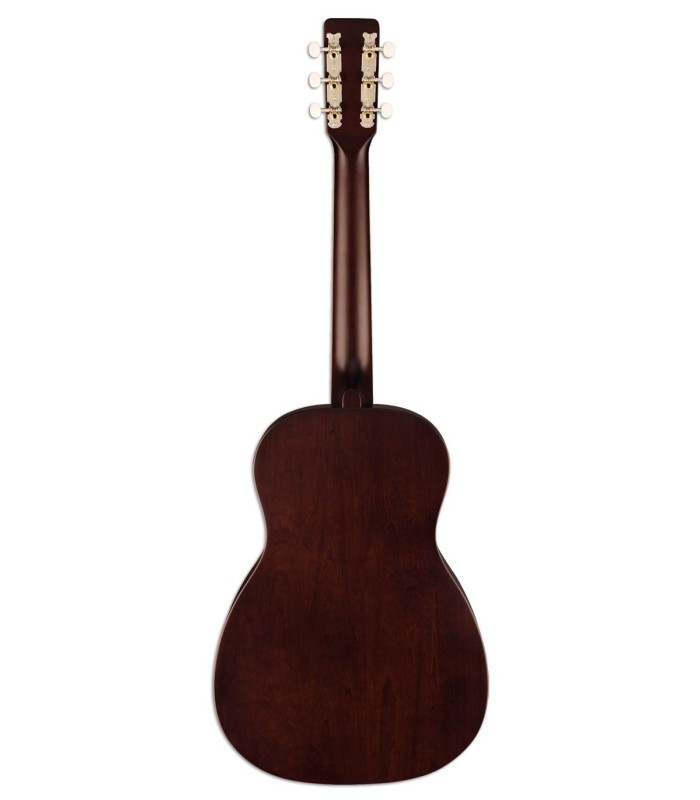 Fundo e ilhargas em sapele laminado da guitarra acústica Gretsch modelo Jim Dandy Cherry Burst