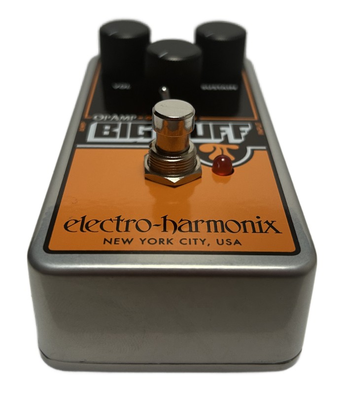 Bottom view of the Electro-Harmonix Nano Big Muff Pi pedal featuring footswitch and durable metal casing
