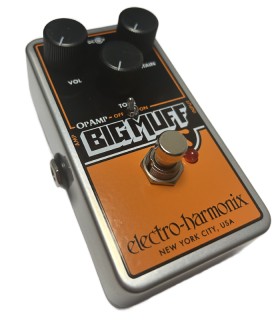 Angled left-side view of the Electro-Harmonix Nano Big Muff Pi guitar effects pedal with distortion controls visible