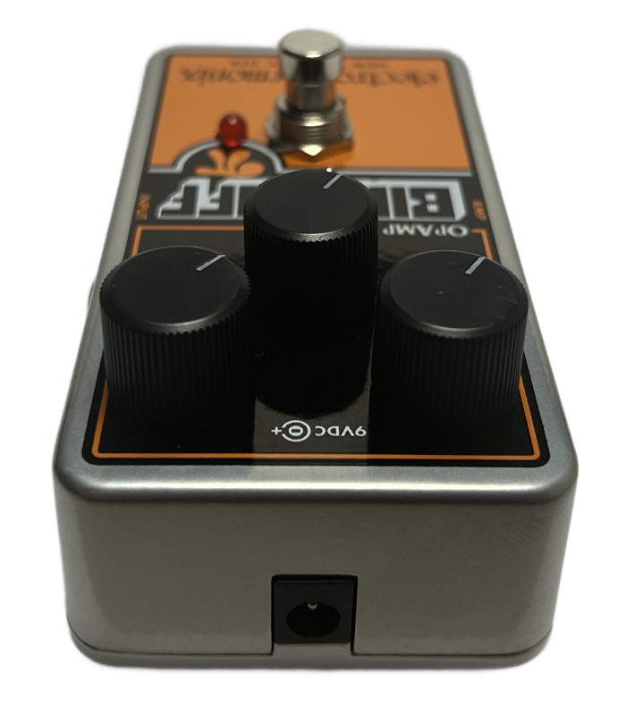 Top view of the Electro-Harmonix Nano Big Muff Pi pedal showing knobs and power supply input