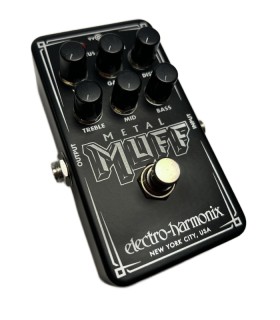 Angled 3/4 left-side view of the Electro-Harmonix Nano Metal Muff high-gain distortion pedal with compact design